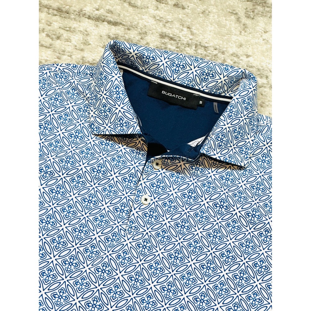 BUGATCHI Polo Shirt Mens M Blue Geometric Print Short Sleeve Mercerized Cotton